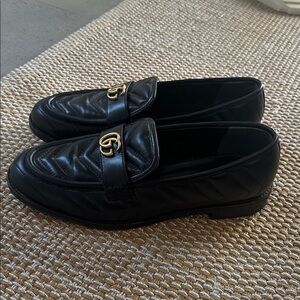 Gucci Black Leather Loafers with Gold Accent